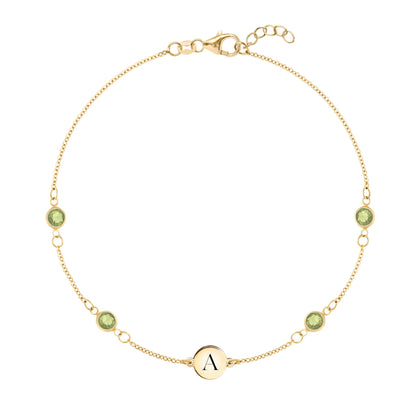 1 Letter & 4 Petite Peridot Bracelet in 14k Gold (August)