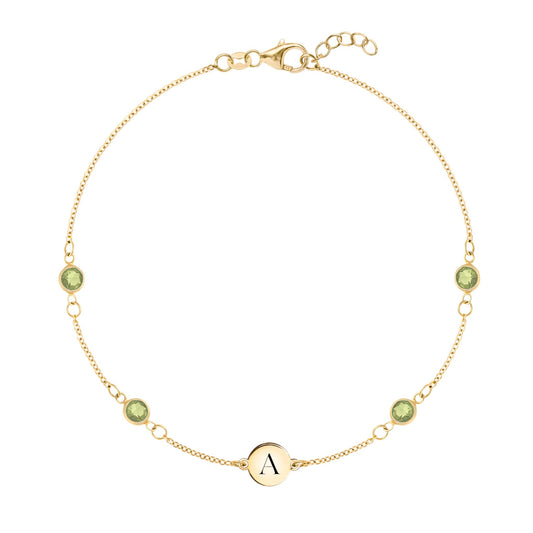 1 Letter & 4 Petite Peridot Bracelet in 14k Gold (August)