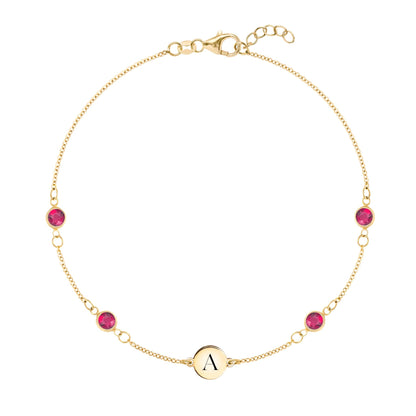 1 Letter & 4 Petite Ruby Bracelet in 14k Gold (July)