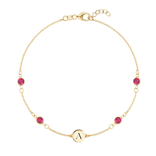 1 Letter & 4 Petite Ruby Bracelet in 14k Gold (July)