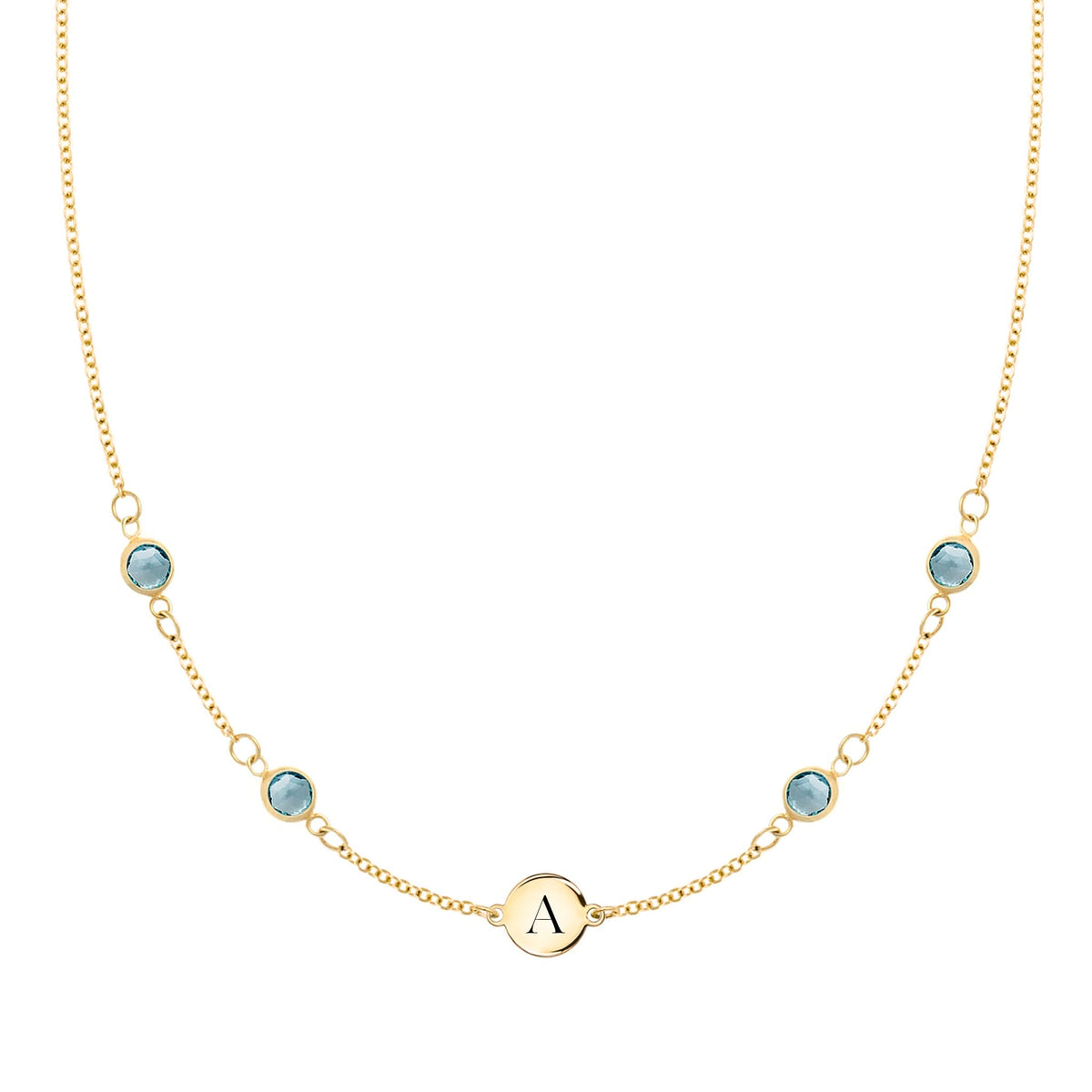 1 Letter & 4 Petite Nantucket Blue Topaz Necklace in 14k Gold (December)
