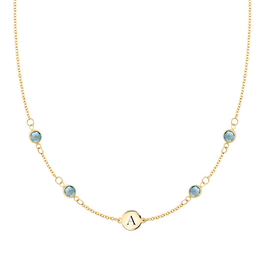 1 Letter & 4 Petite Nantucket Blue Topaz Necklace in 14k Gold (December)