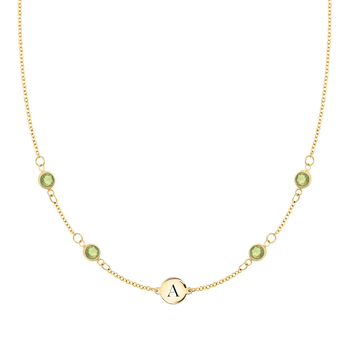 1 Letter & 4 Petite Peridot Necklace in 14k Gold (August)