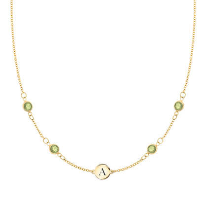 1 Letter & 4 Petite Peridot Necklace in 14k Gold (August)