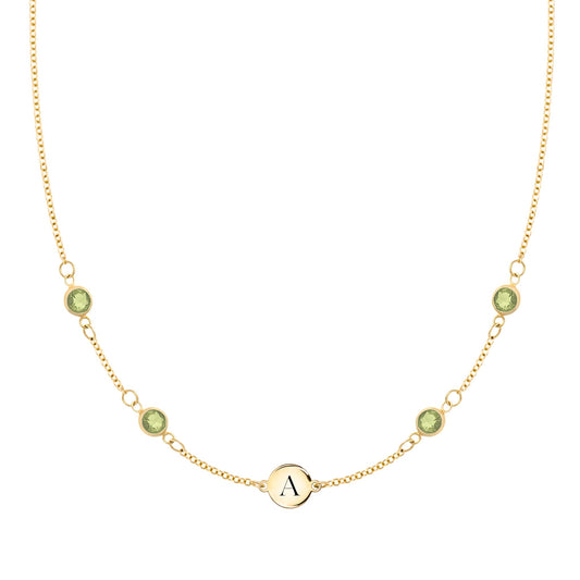 1 Letter & 4 Petite Peridot Necklace in 14k Gold (August)