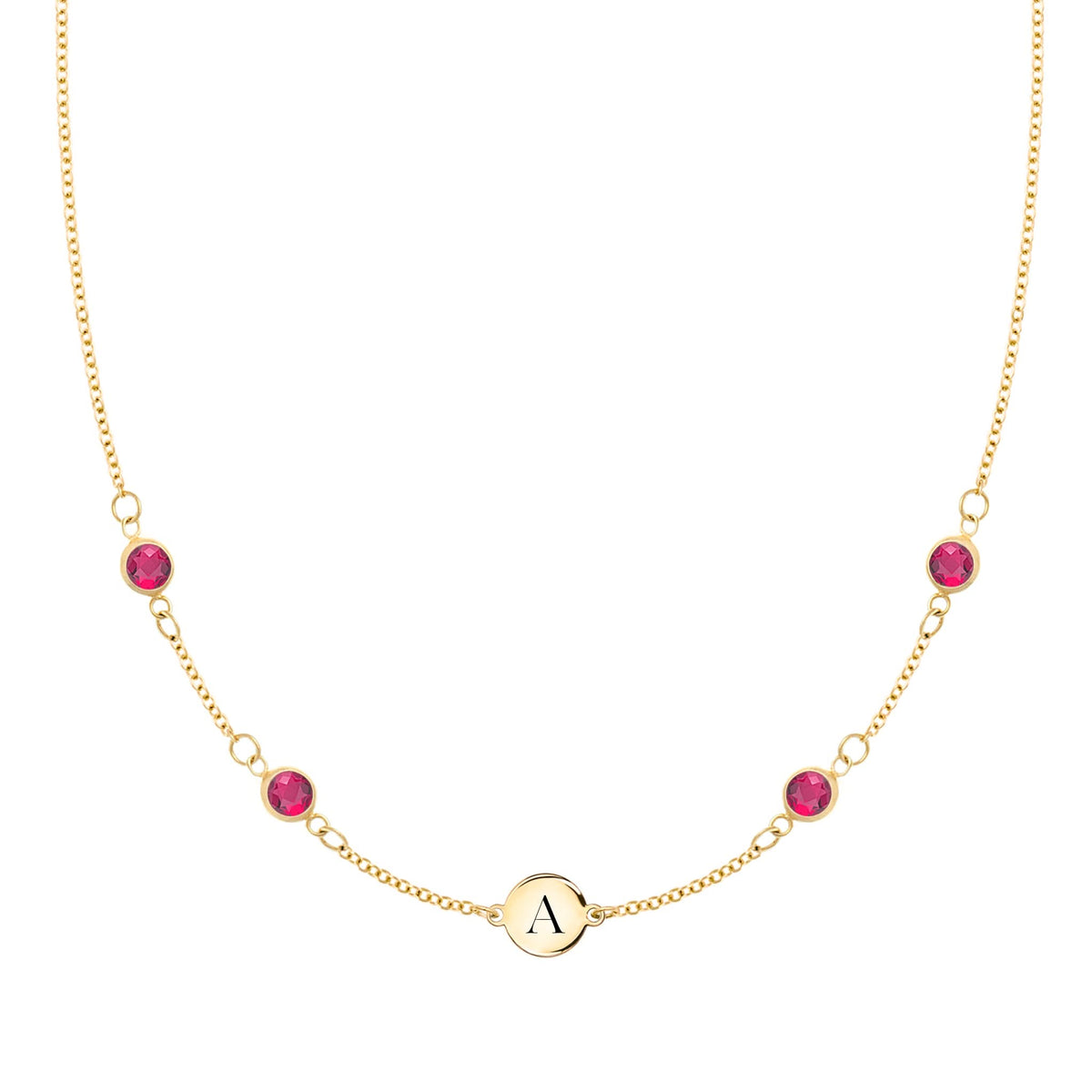 1 Letter & 4 Petite Ruby Necklace in 14k Gold (July)