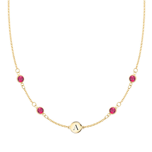 1 Letter & 4 Petite Ruby Necklace in 14k Gold (July)