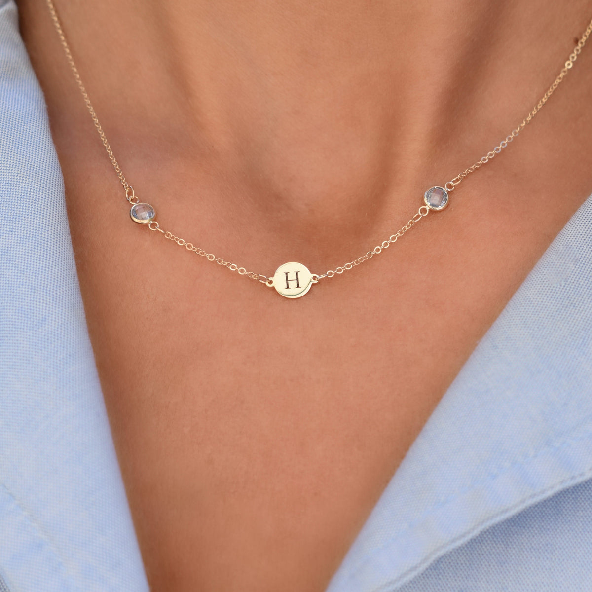 1 Letter & 2 Petite Birthstone Necklace in 14k Gold