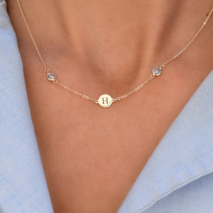 1 Letter & 2 Petite Birthstone Necklace in 14k Gold