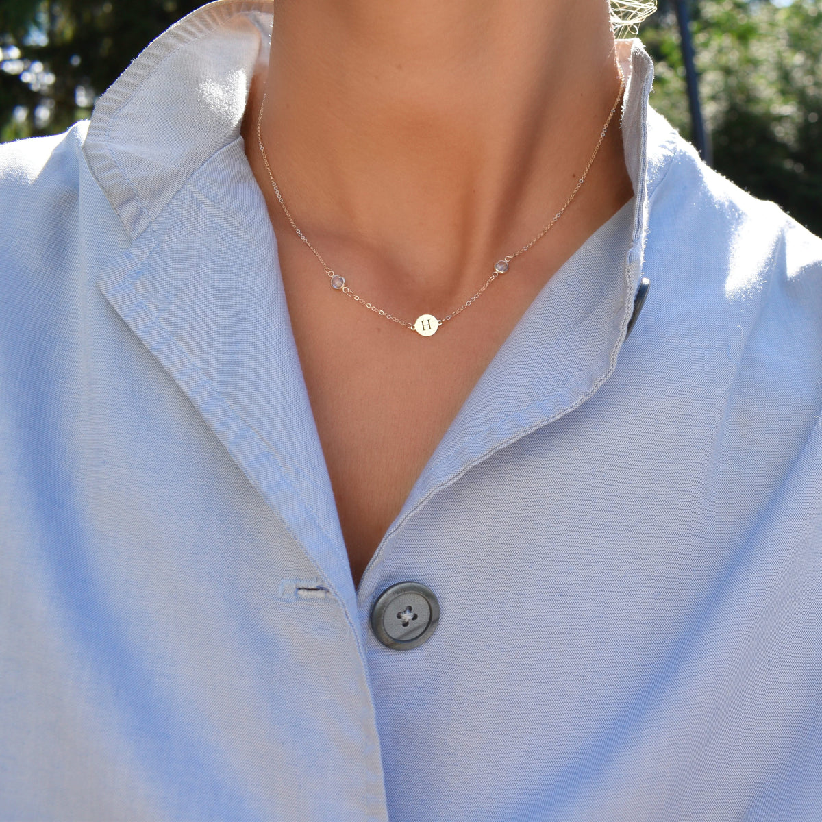 1 Letter & 2 Petite Birthstone Necklace in 14k Gold