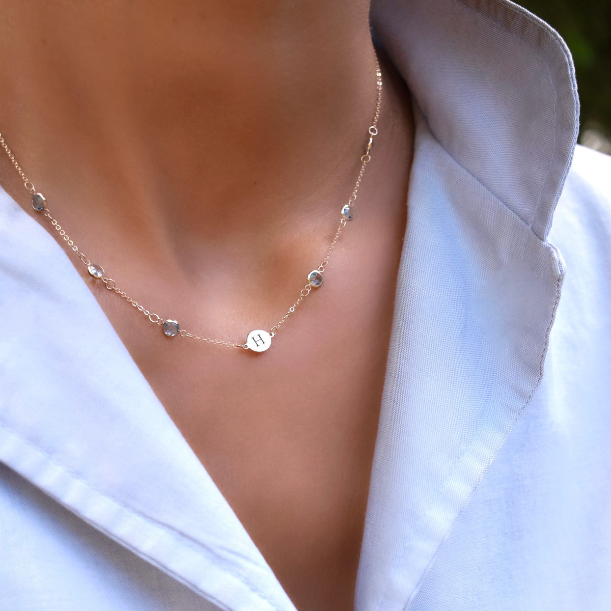 1 Letter & 6 Petite Birthstone Necklace in 14k Gold (Double Spacing)