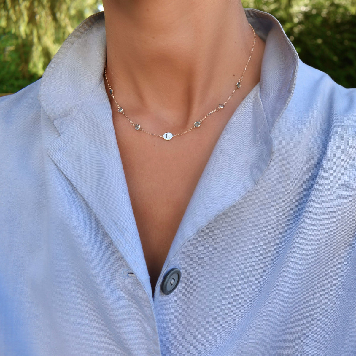 1 Letter & 6 Petite Birthstone Necklace in 14k Gold (Double Spacing)