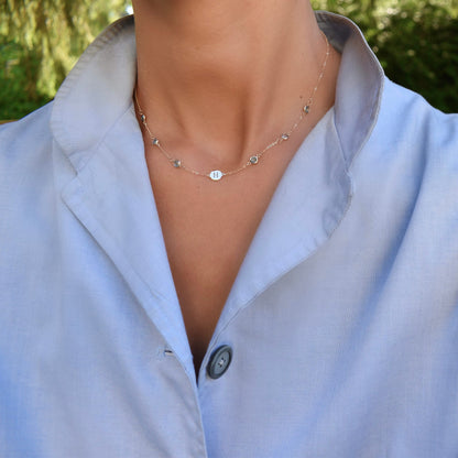 1 Letter & 6 Petite Birthstone Necklace in 14k Gold (Double Spacing)