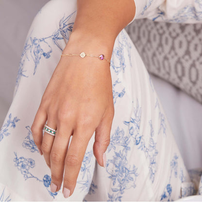 1 Letter & 1 Grand Pink Sapphire Adelaide Mini Bracelet in 14k Gold (October)