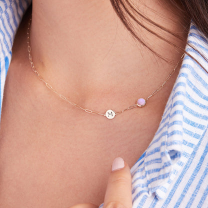1 Letter & 1 Grand Pink Opal Adelaide Mini Necklace in 14k Gold (October)