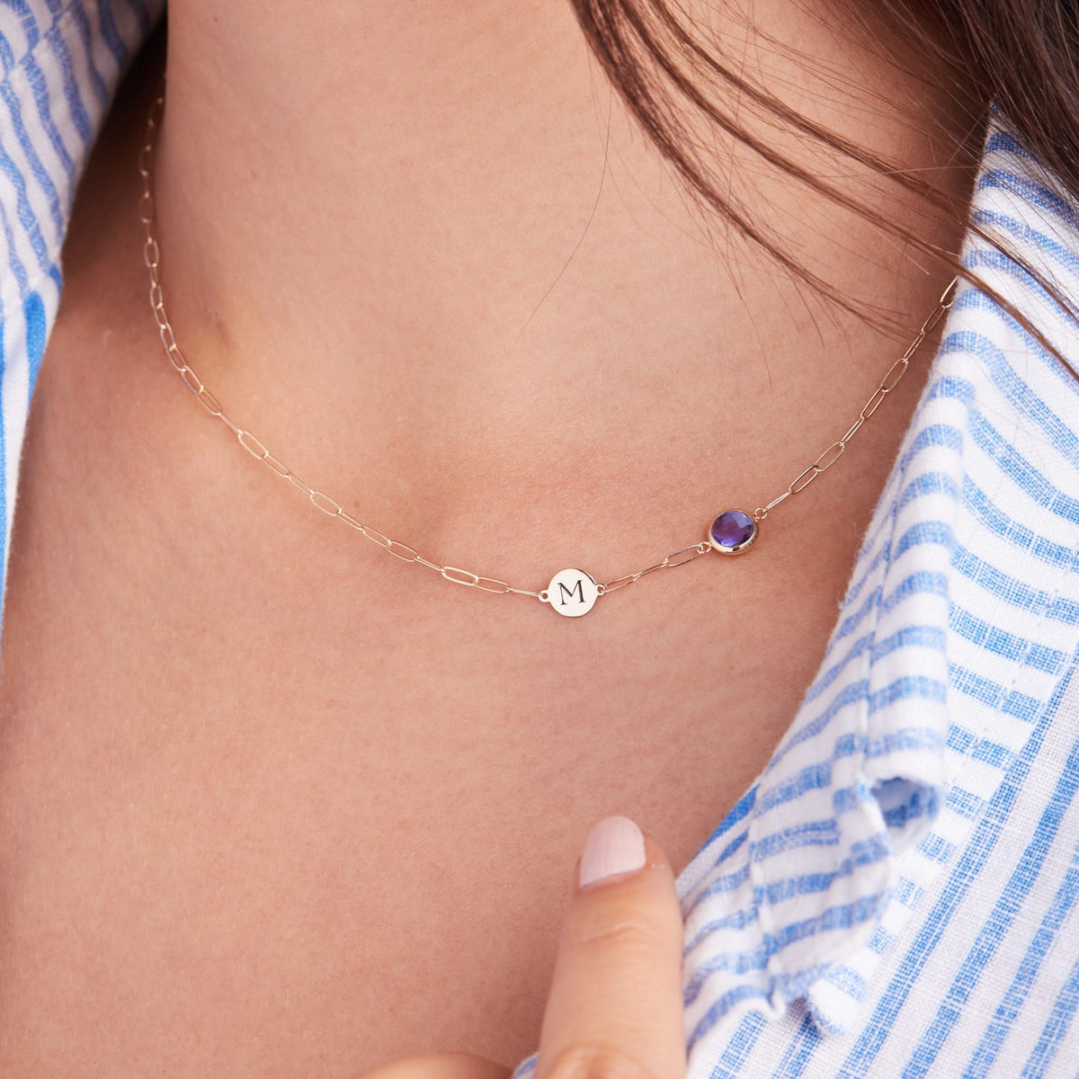 1 Letter & 1 Grand Amethyst Adelaide Mini Necklace in 14k Gold (February)