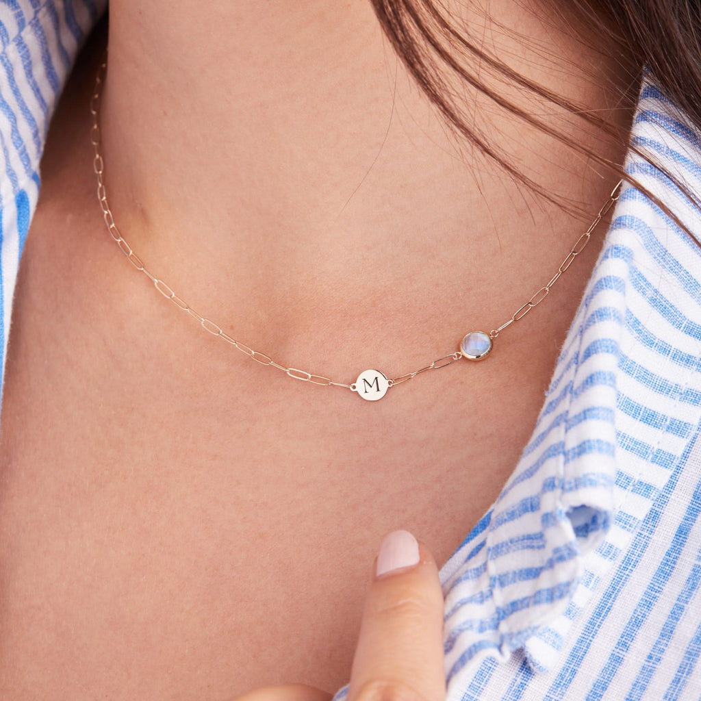1 Letter & 1 Grand Moonstone Adelaide Mini Necklace in 14k Gold (June)
