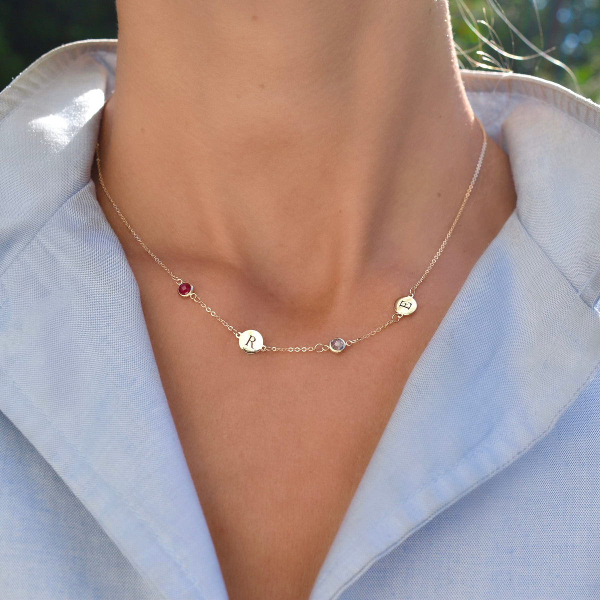2 Letter & 2 Petite Birthstone Necklace in 14k Gold (Double Spacing)