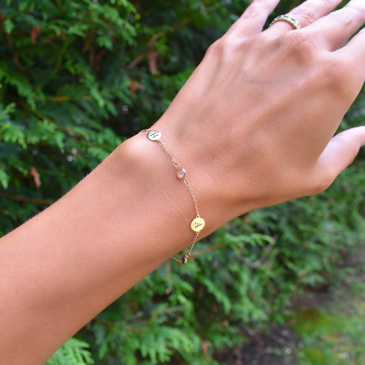 2 Letter & 3 Petite Birthstone Bracelet in 14k Gold
