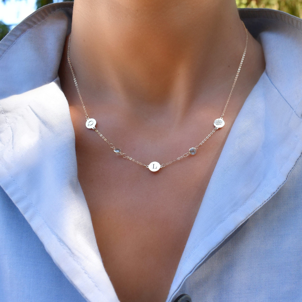 3 Letter & 2 Petite Birthstone Necklace in 14k Gold (Double Spacing)