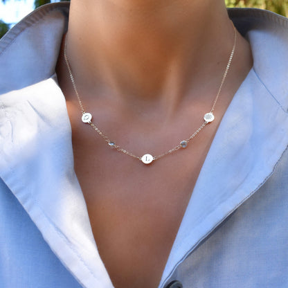 3 Letter & 2 Petite Birthstone Necklace in 14k Gold (Double Spacing)