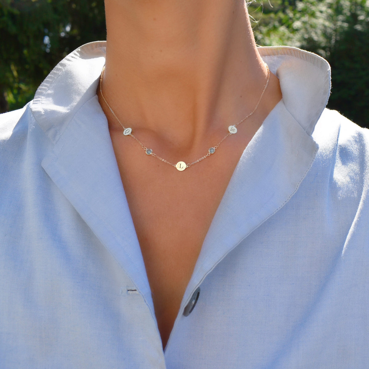 3 Letter & 2 Petite Birthstone Necklace in 14k Gold (Double Spacing)
