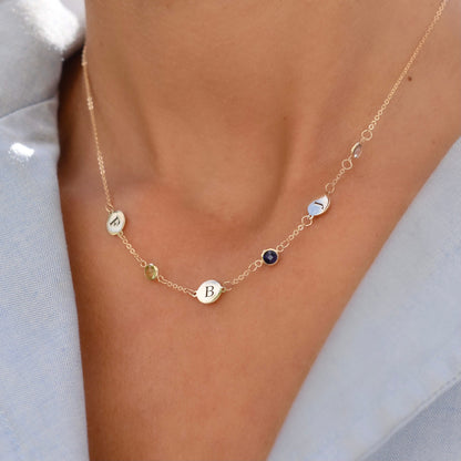 3 Letter & 3 Petite Birthstone Necklace in 14k Gold (Single Spacing)