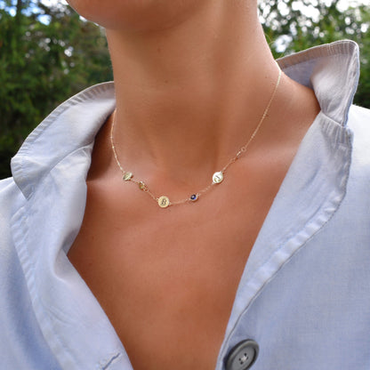3 Letter & 3 Petite Birthstone Necklace in 14k Gold (Single Spacing)