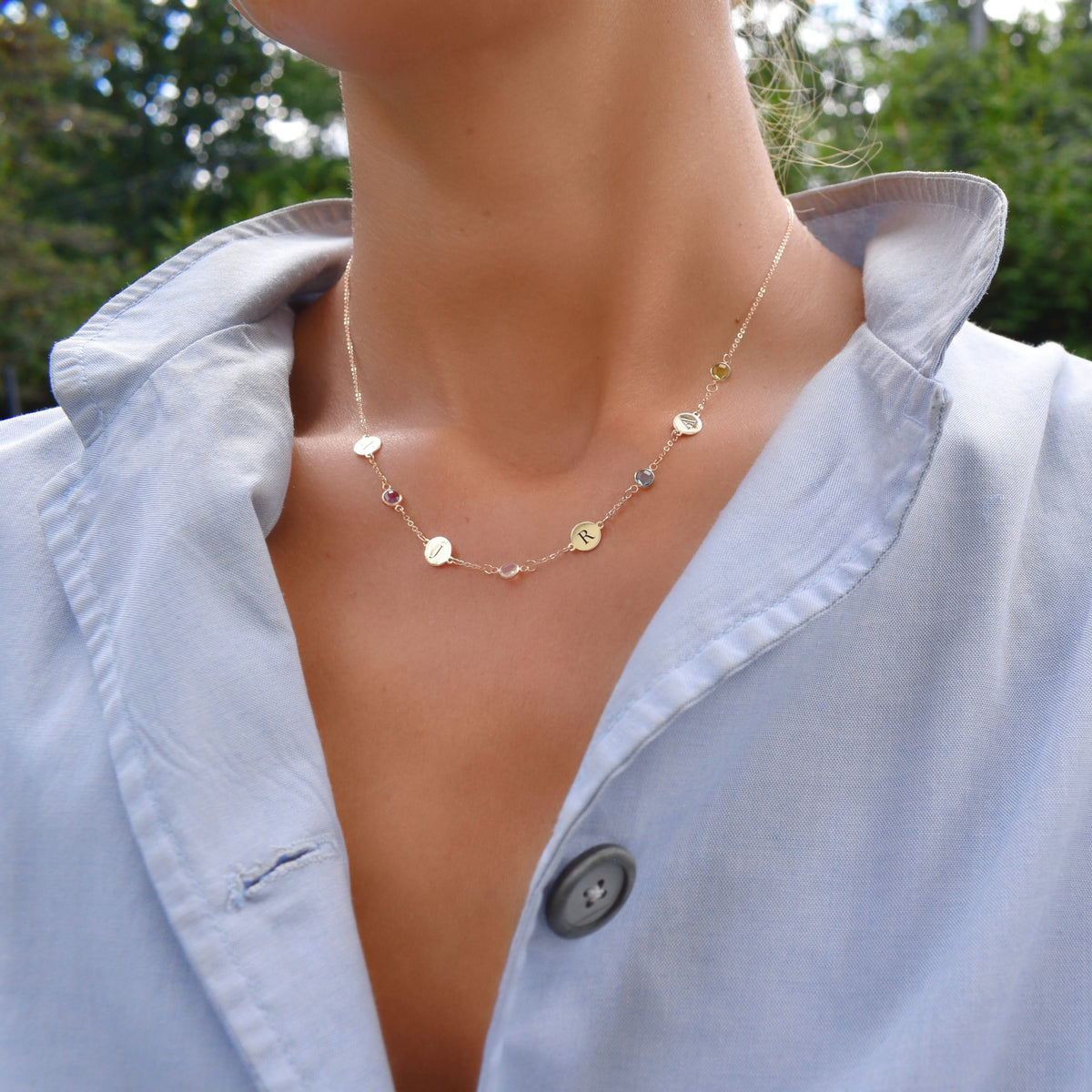 4 Letter & 4 Petite Birthstone Necklace in 14k Gold (Single Spacing)