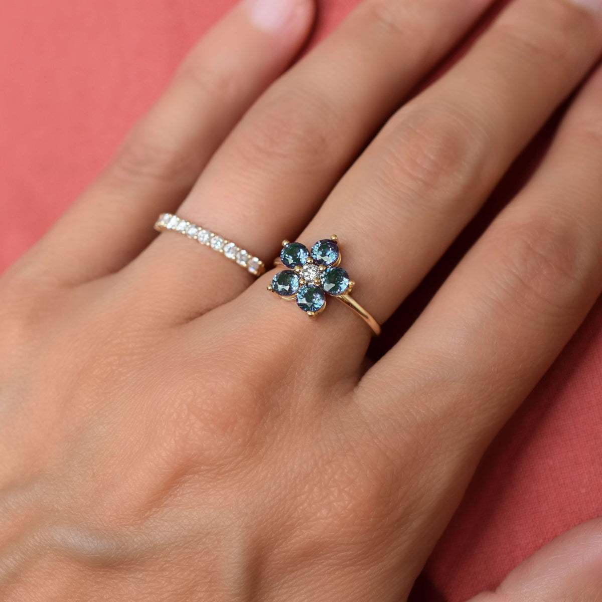 Greenwich Flower Alexandrite & Diamond Ring in 14k Gold (June)