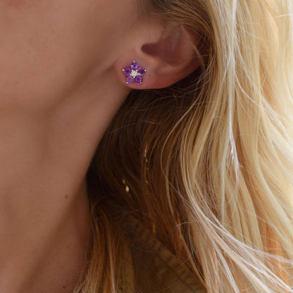 Greenwich Flower Amethyst & Diamond Earrings in 14k Gold (February)