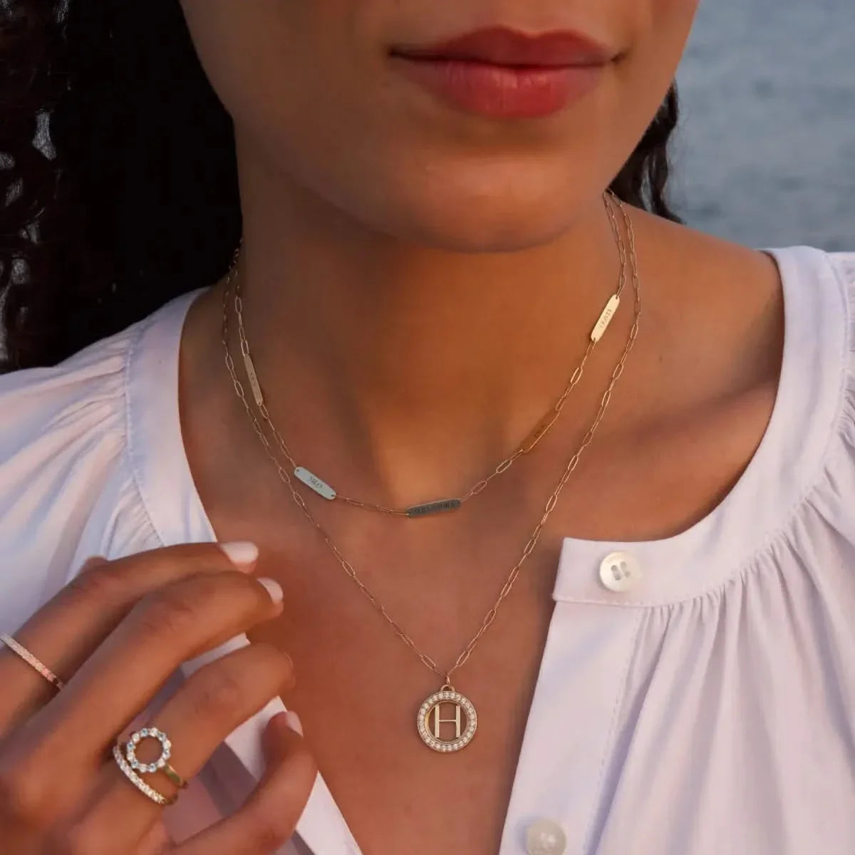 Petite 5 Nameplate Necklace on Adelaide Mini in 14k Gold