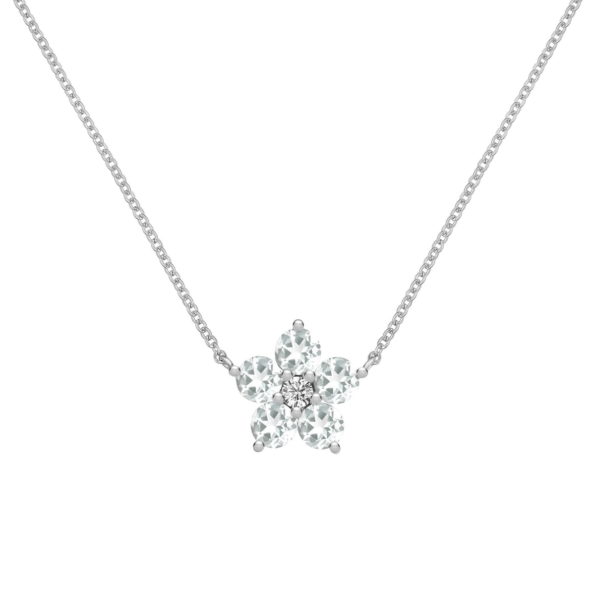 Greenwich Flower White Topaz & Diamond Necklace in 14k Gold (April)