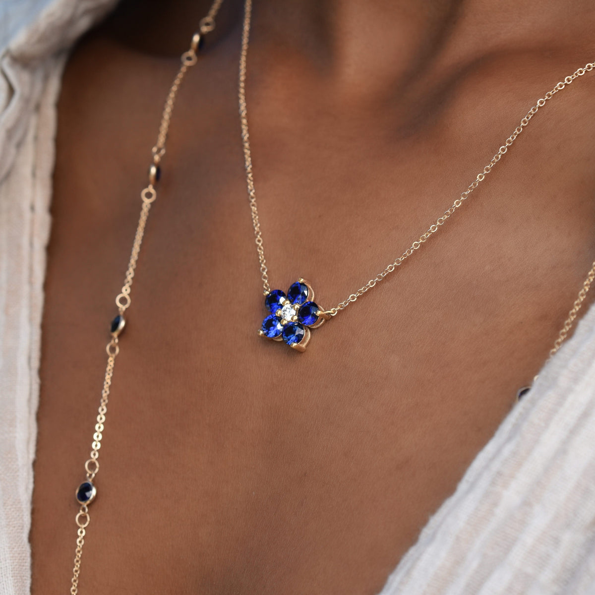Greenwich Flower Sapphire & Diamond Necklace in 14k Gold (September)