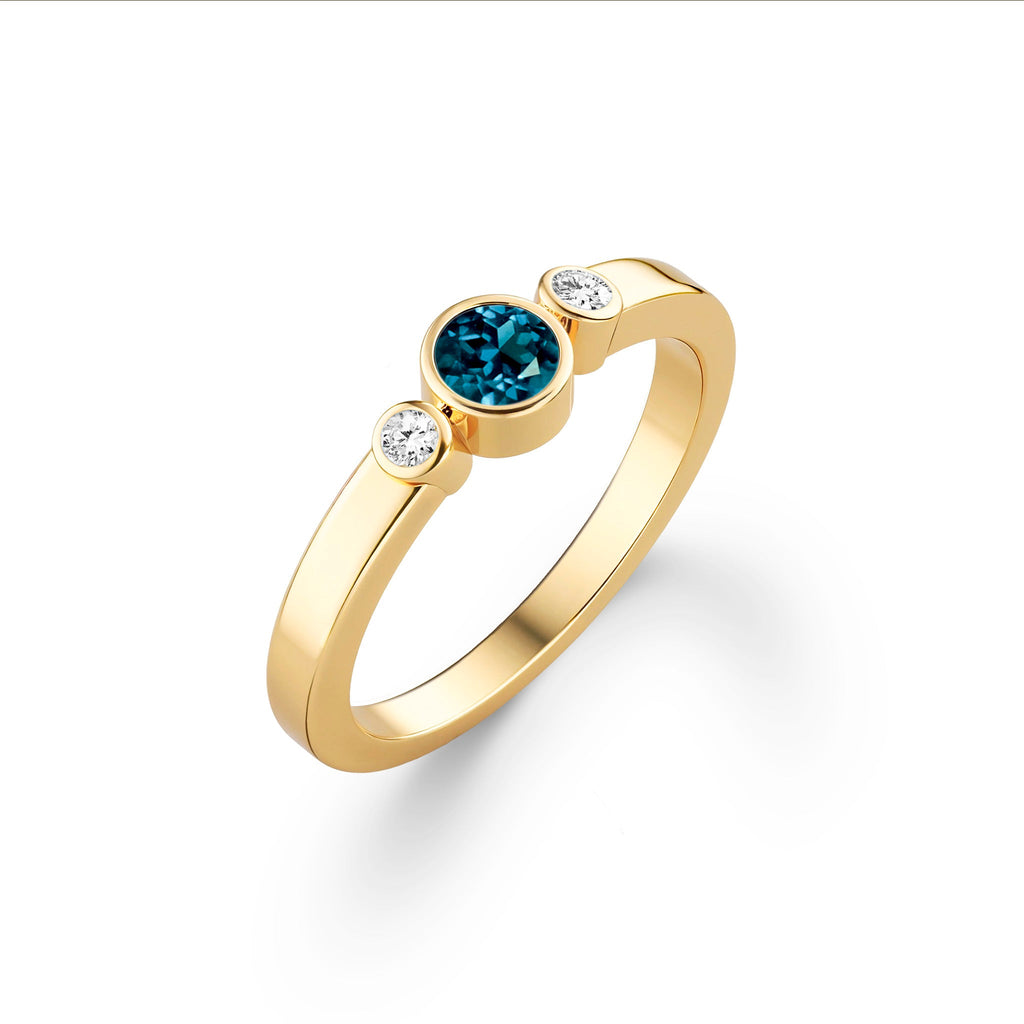 Barrington Atlantic Blue Topaz Ring with Diamond Side Stones in 14k Gold (December)