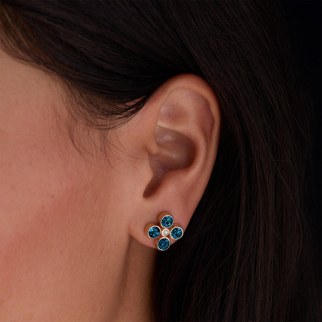 Barrington Quatrefoil Atlantic Blue Topaz & Diamond Earrings in 14k Gold (December)