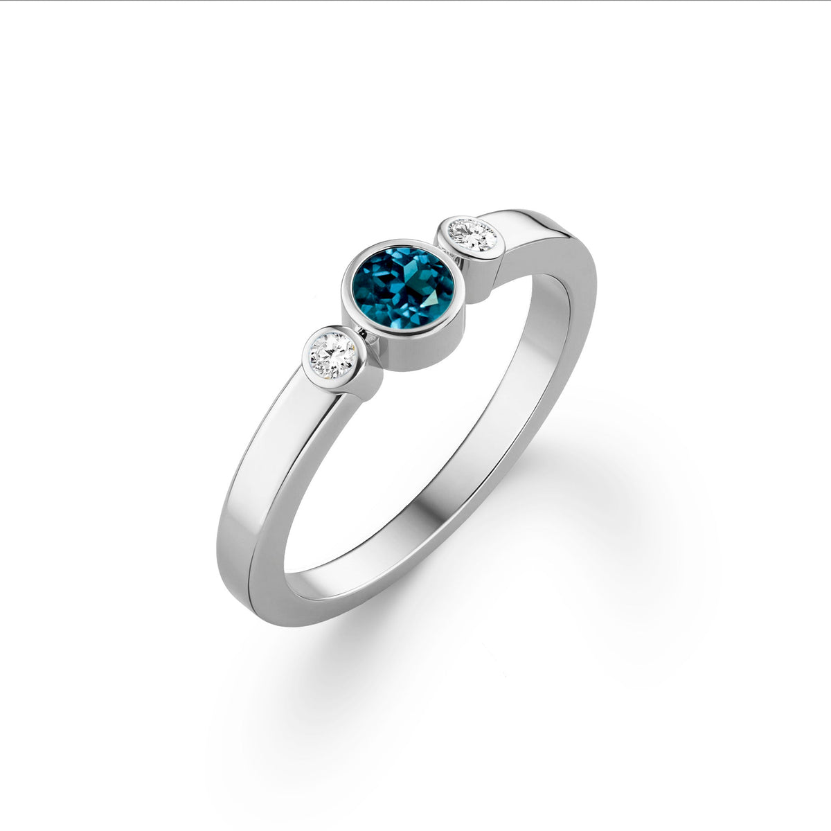 Barrington Atlantic Blue Topaz Ring with Diamond Side Stones in 14k Gold (December)