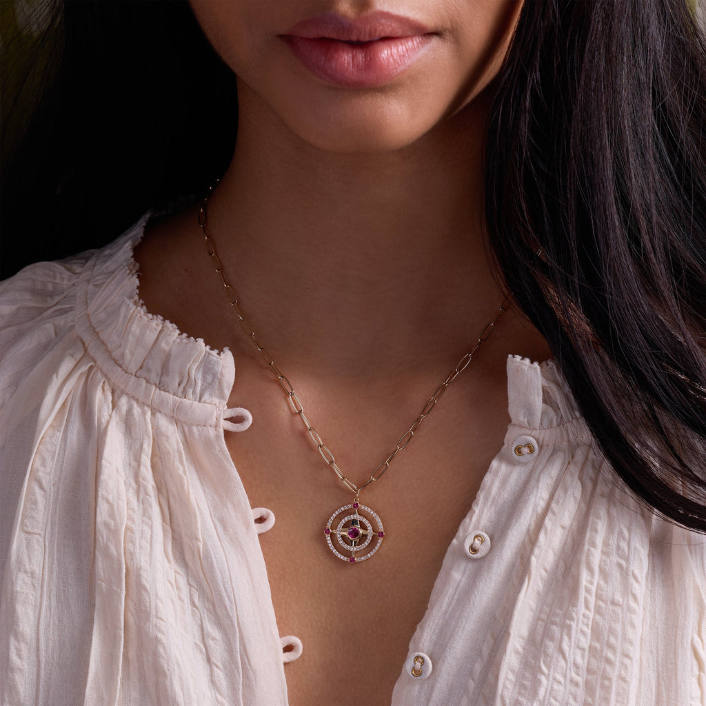 Compass Ruby & Diamond Pendant in 14k Gold (July)