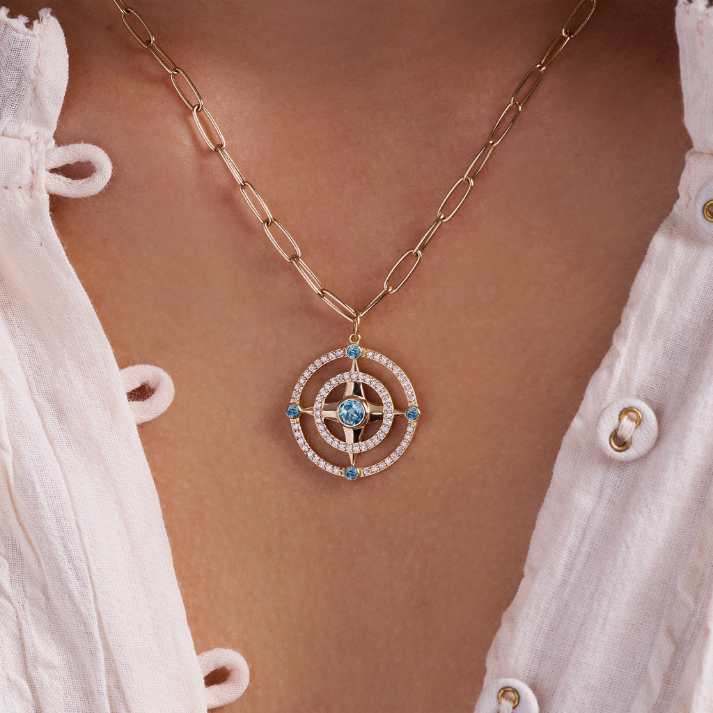 Compass Nantucket Blue Topaz & Diamond Pendant in 14k Gold (December)