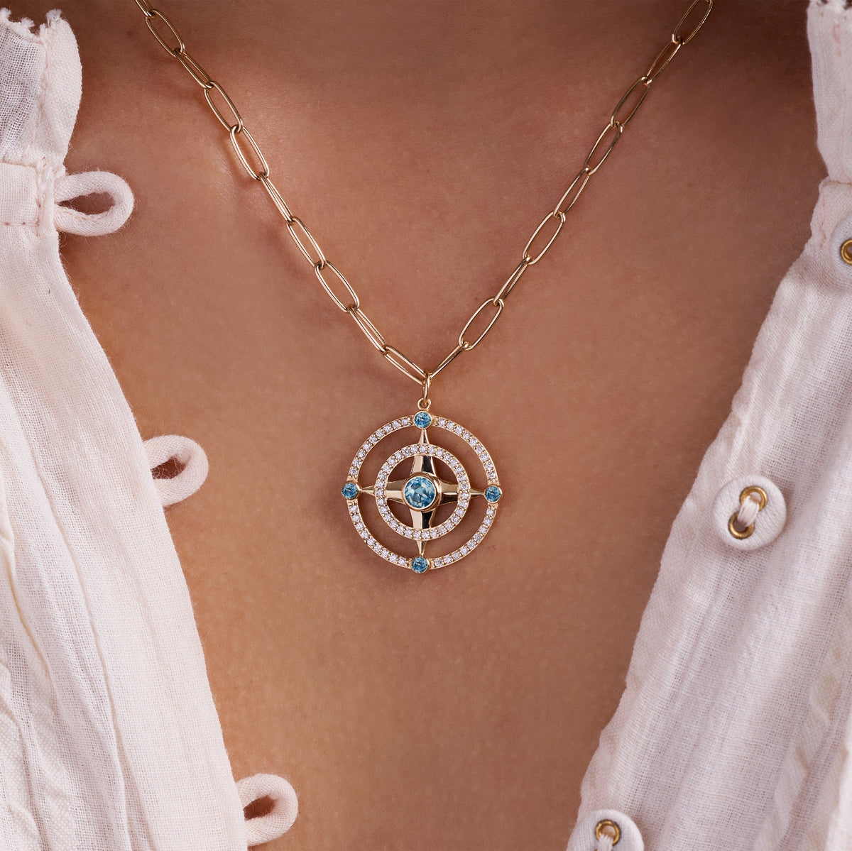 Compass Nantucket Blue Topaz & Diamond Pendant in 14k Gold (December)