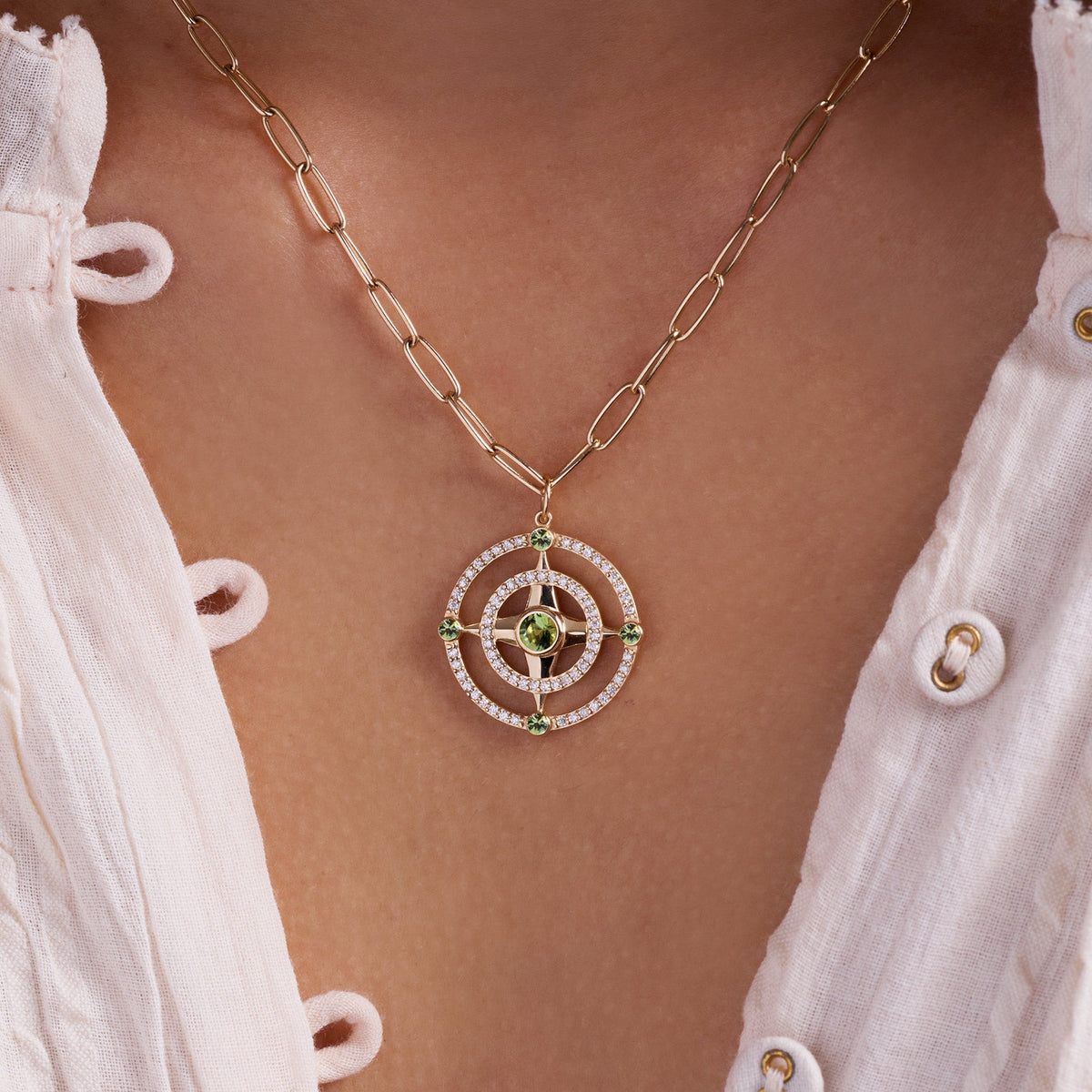 Compass Peridot & Diamond Pendant in 14k Gold (August)