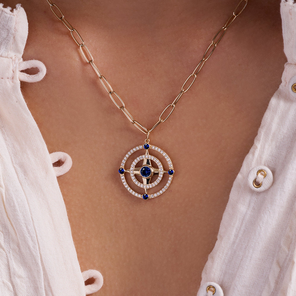 Compass Sapphire & Diamond Pendant in 14k Gold (September)