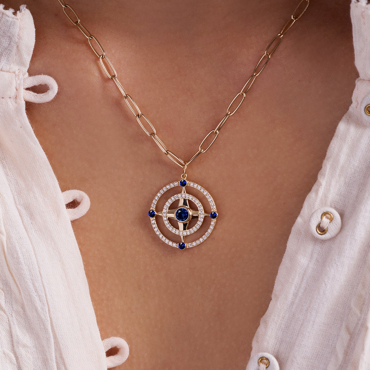 Compass Sapphire & Diamond Pendant in 14k Gold (September)