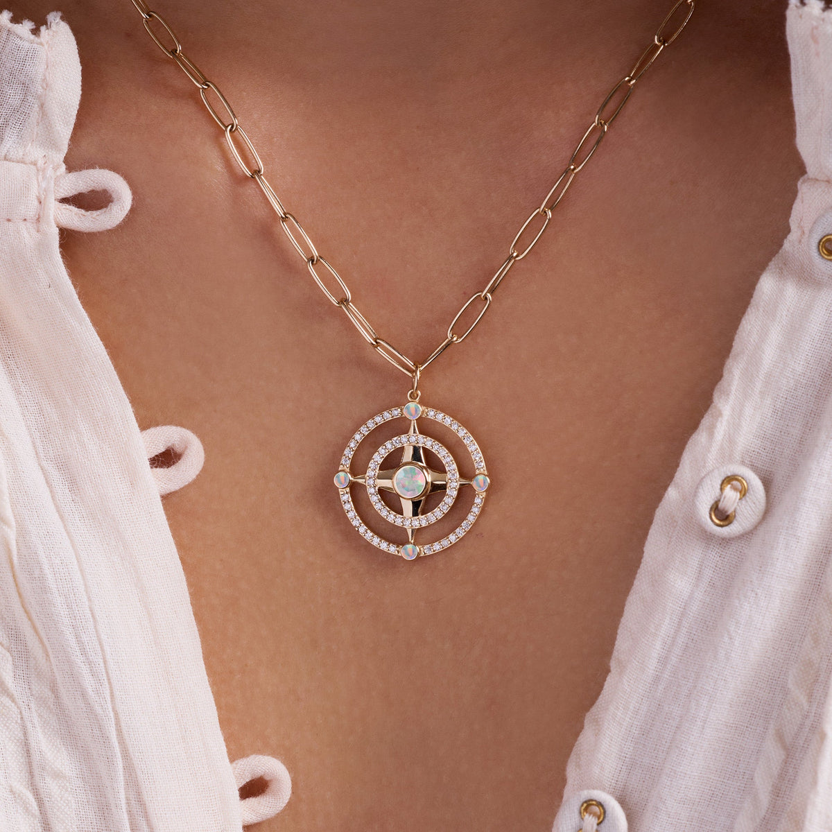 Compass Opal & Diamond Pendant in 14k Gold (October)
