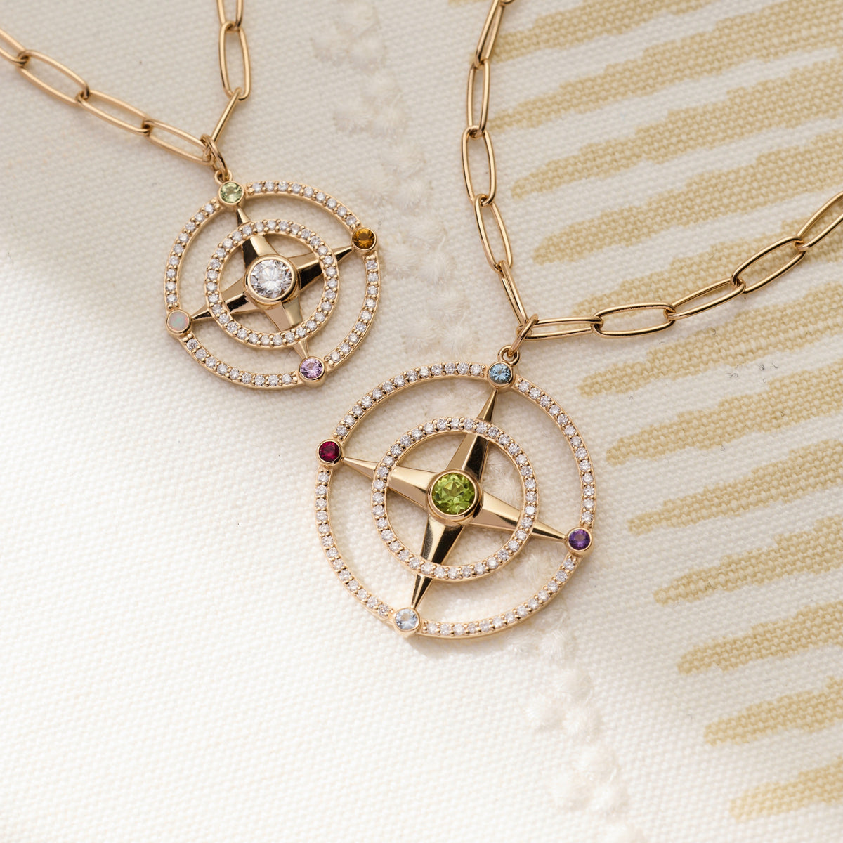 Large Compass Birthstone Pendant in 14k Gold