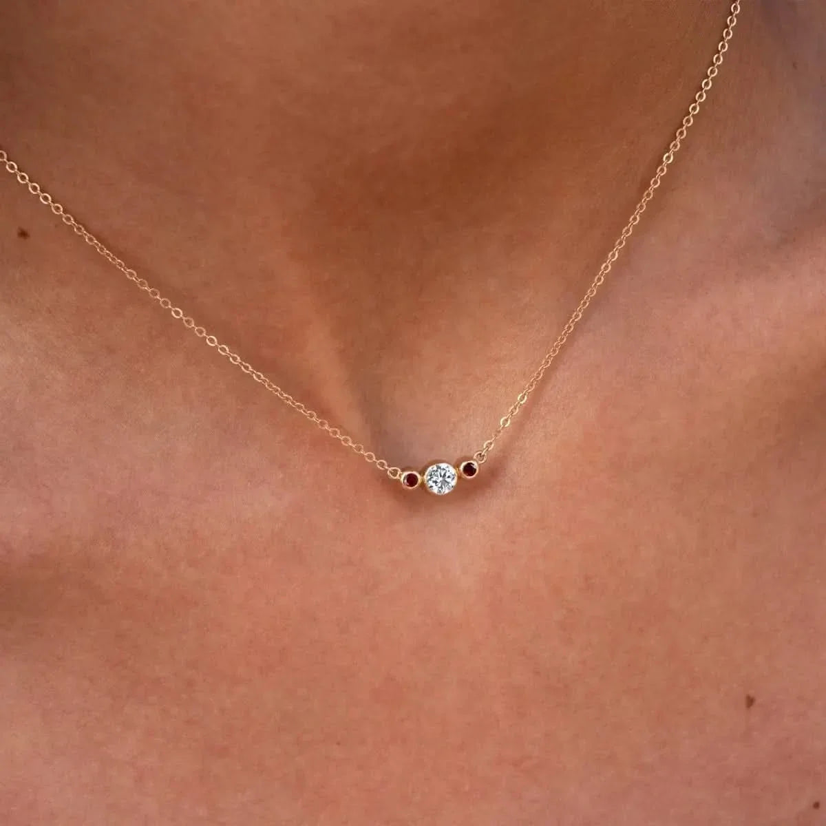 Barrington Diamond Necklace with Garnet Side Stones in 14k Gold (January)