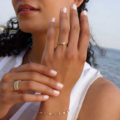 Barrington Diamond Ring with Aquamarine Side Stones in 14k Gold (March)