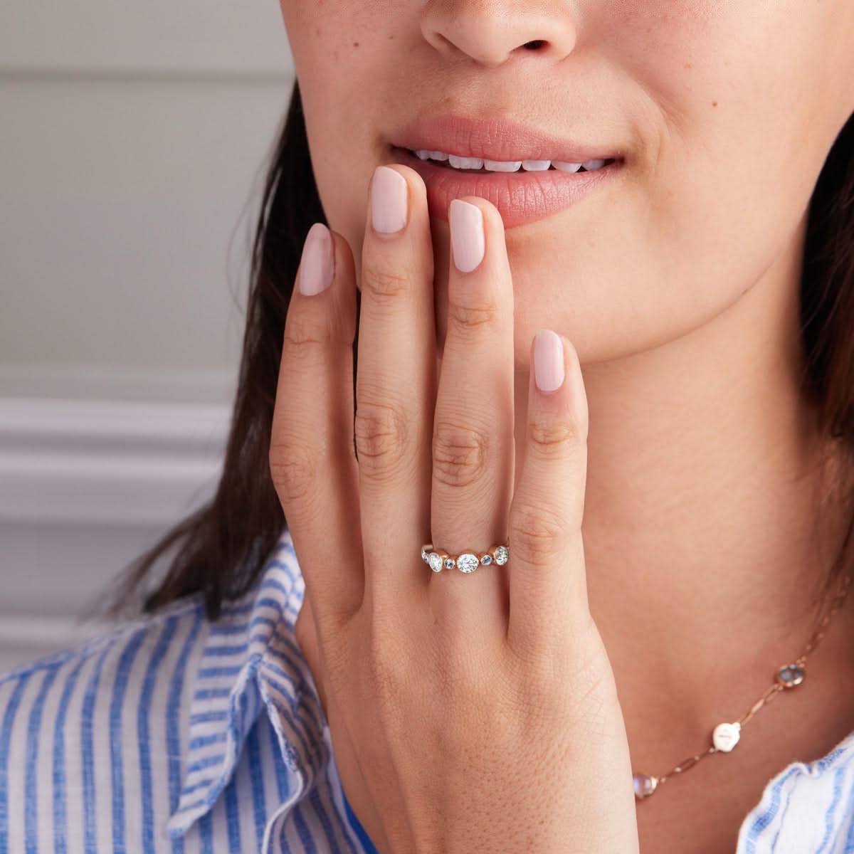Barrington Diamond Band Ring with Aquamarines in 14k Gold (March)