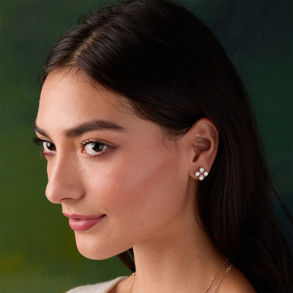 Barrington Quatrefoil Diamond & Ruby Earrings in 14k Gold (July)