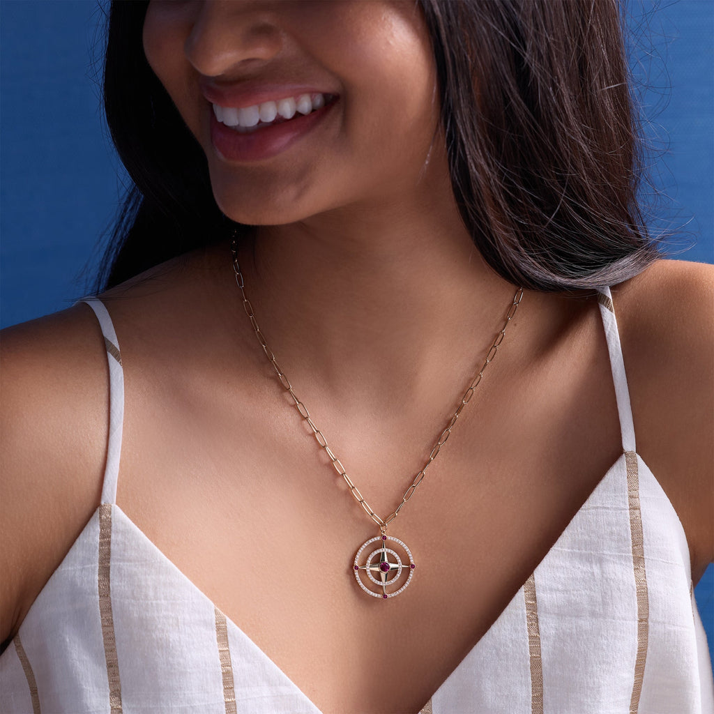 Large Compass Ruby & Diamond Pendant in 14k Gold (July)